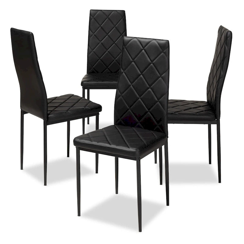 Grid-Tufted Faux Leather Dining Chairs - Black - Set of 4