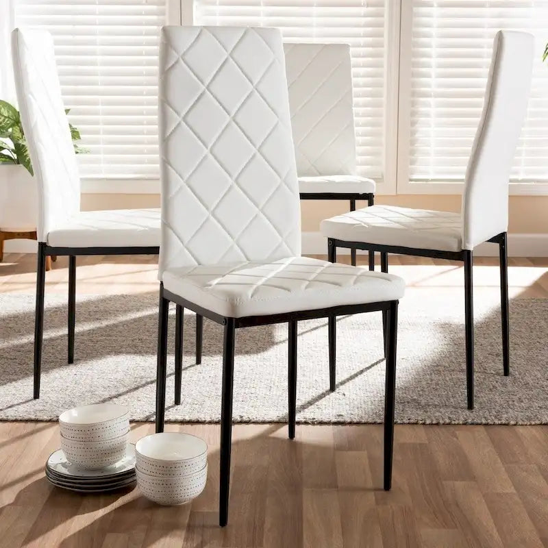 Grid-Tufted Faux Leather Dining Chairs - Black - Set of 4