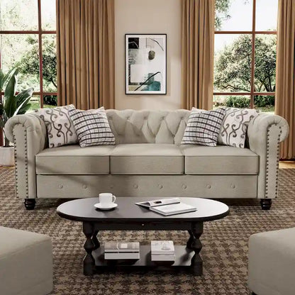 Morden Fort Button Tufted Upholstered Chesterfield Sofa Set Chair and Sofa,2 PCS for Living Room,Linen,Solid Wood Legs