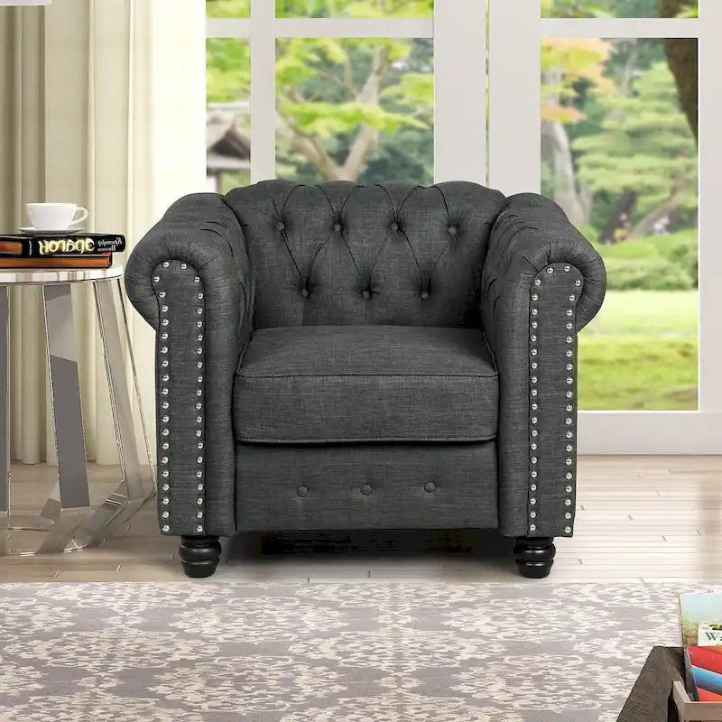 Morden Fort Button Tufted Upholstered Chesterfield Sofa Set Chair and Sofa,2 PCS for Living Room,Linen,Solid Wood Legs