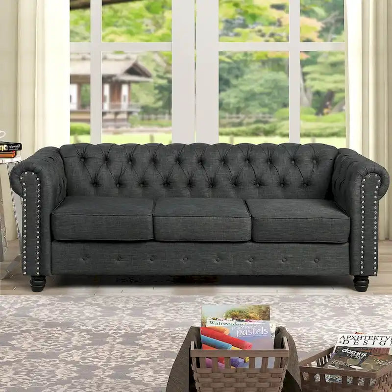 Morden Fort Button Tufted Upholstered Chesterfield Sofa Set Chair and Sofa,2 PCS for Living Room,Linen,Solid Wood Legs