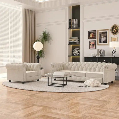 Morden Fort Button Tufted Upholstered Chesterfield Sofa Set Chair and Sofa,2 PCS for Living Room,Linen,Solid Wood Legs
