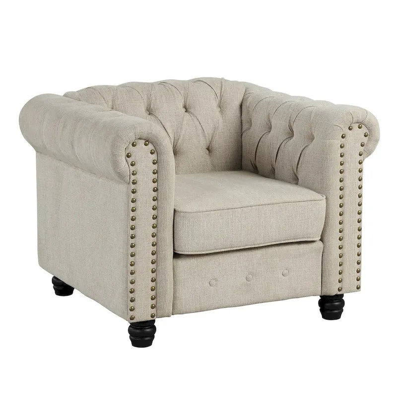 Morden Fort Button Tufted Upholstered Chesterfield Sofa Set Chair and Sofa,2 PCS for Living Room,Linen,Solid Wood Legs