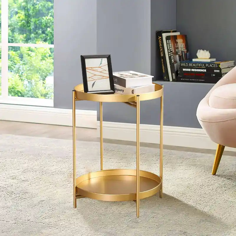 Adeco Side Table 2-Tier Metal Round End Table with Removable Tray - 17.5  (D)x 17.5  (W)x 20.7  (H)
