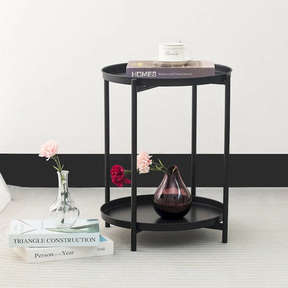 Adeco Side Table 2-Tier Metal Round End Table with Removable Tray - 17.5  (D)x 17.5  (W)x 20.7  (H)