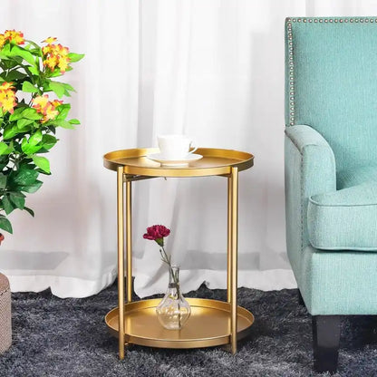 Adeco Side Table 2-Tier Metal Round End Table with Removable Tray - 17.5  (D)x 17.5  (W)x 20.7  (H)