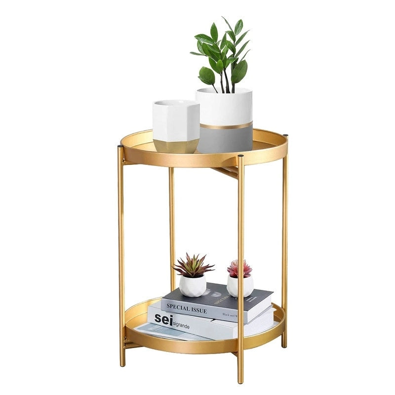 Adeco Side Table 2-Tier Metal Round End Table with Removable Tray - 17.5  (D)x 17.5  (W)x 20.7  (H)