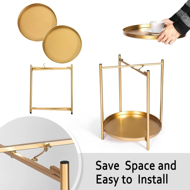 Adeco Side Table 2-Tier Metal Round End Table with Removable Tray - 17.5  (D)x 17.5  (W)x 20.7  (H)