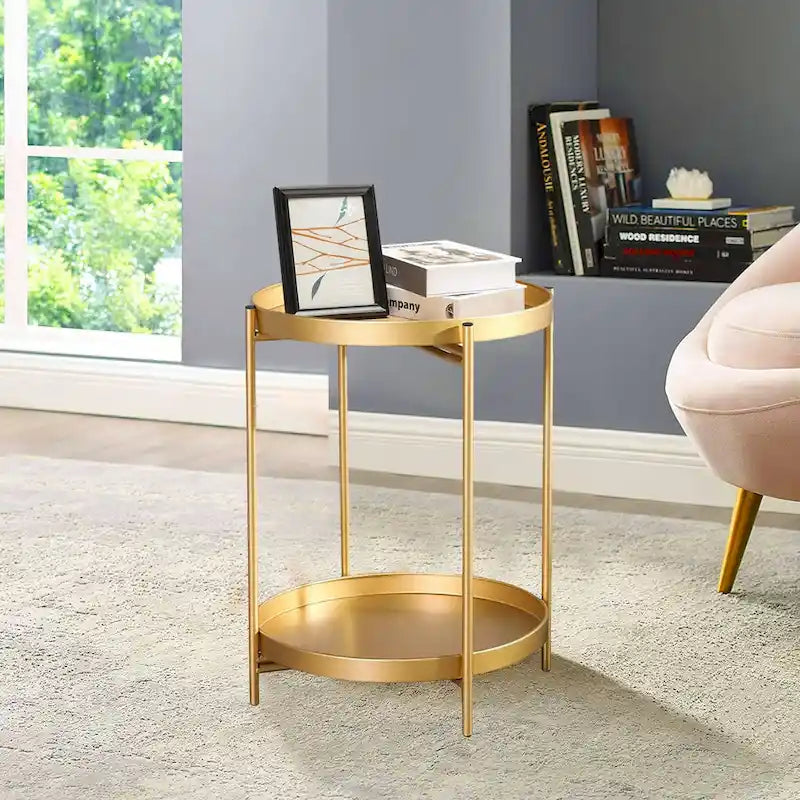 Adeco Side Table 2-Tier Metal Round End Table with Removable Tray - 17.5  (D)x 17.5  (W)x 20.7  (H)