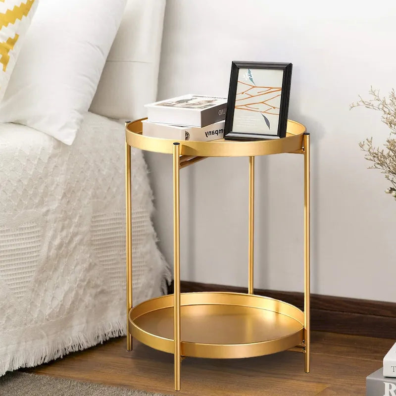 Adeco Side Table 2-Tier Metal Round End Table with Removable Tray - 17.5  (D)x 17.5  (W)x 20.7  (H)