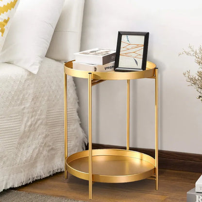 Adeco Side Table 2-Tier Metal Round End Table with Removable Tray - 17.5  (D)x 17.5  (W)x 20.7  (H)