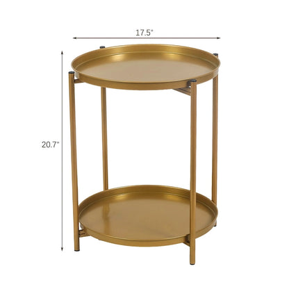Adeco Side Table 2-Tier Metal Round End Table with Removable Tray - 17.5  (D)x 17.5  (W)x 20.7  (H)