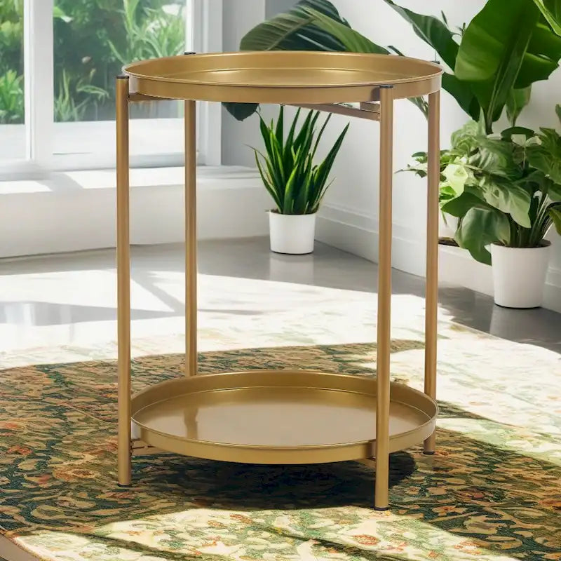 Adeco Side Table 2-Tier Metal Round End Table with Removable Tray - 17.5  (D)x 17.5  (W)x 20.7  (H)