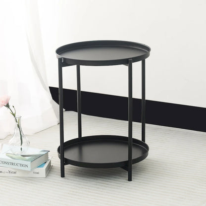 Adeco Side Table 2-Tier Metal Round End Table with Removable Tray - 17.5  (D)x 17.5  (W)x 20.7  (H)
