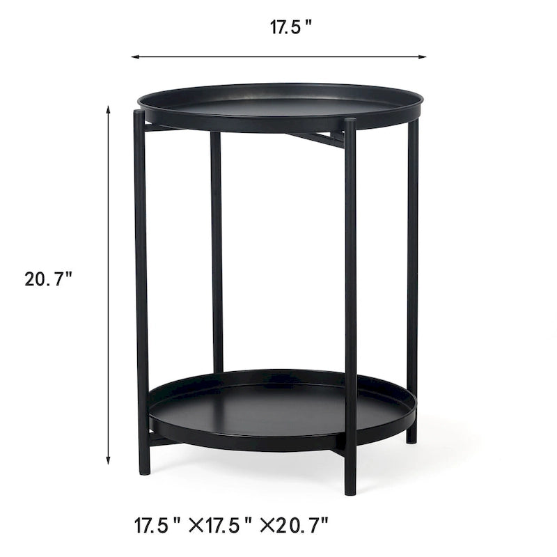 Adeco Side Table 2-Tier Metal Round End Table with Removable Tray - 17.5  (D)x 17.5  (W)x 20.7  (H)