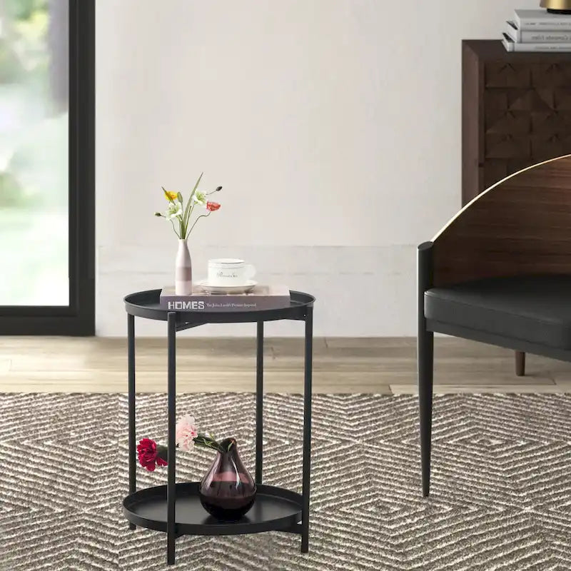 Adeco Side Table 2-Tier Metal Round End Table with Removable Tray - 17.5  (D)x 17.5  (W)x 20.7  (H)