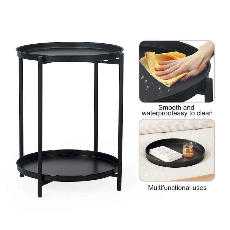 Adeco Side Table 2-Tier Metal Round End Table with Removable Tray - 17.5  (D)x 17.5  (W)x 20.7  (H)