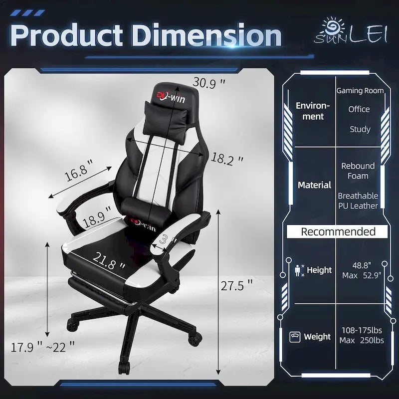 Futzca Gaming Chair PU Leather Office Chair with Headrest, Footrest & Massage Lumbar Support