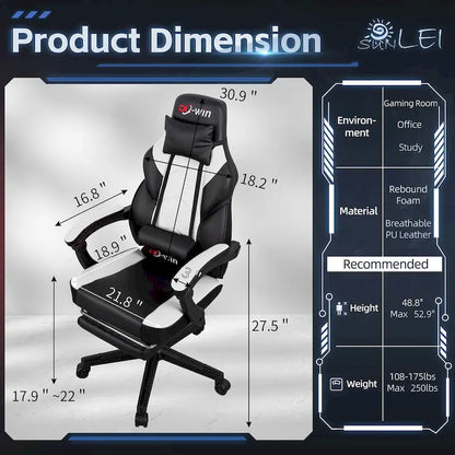 Futzca Gaming Chair PU Leather Office Chair with Headrest, Footrest & Massage Lumbar Support