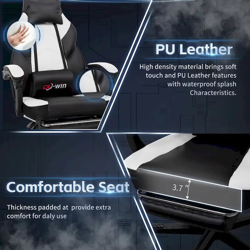 Futzca Gaming Chair PU Leather Office Chair with Headrest, Footrest & Massage Lumbar Support