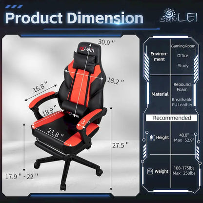 Futzca Gaming Chair PU Leather Office Chair with Headrest, Footrest & Massage Lumbar Support