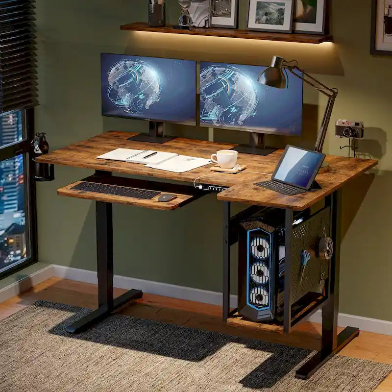 57 inch Electric Standing Desk Adjustable Height L Shaped Desk with Keyboard Tray and Host Shelf