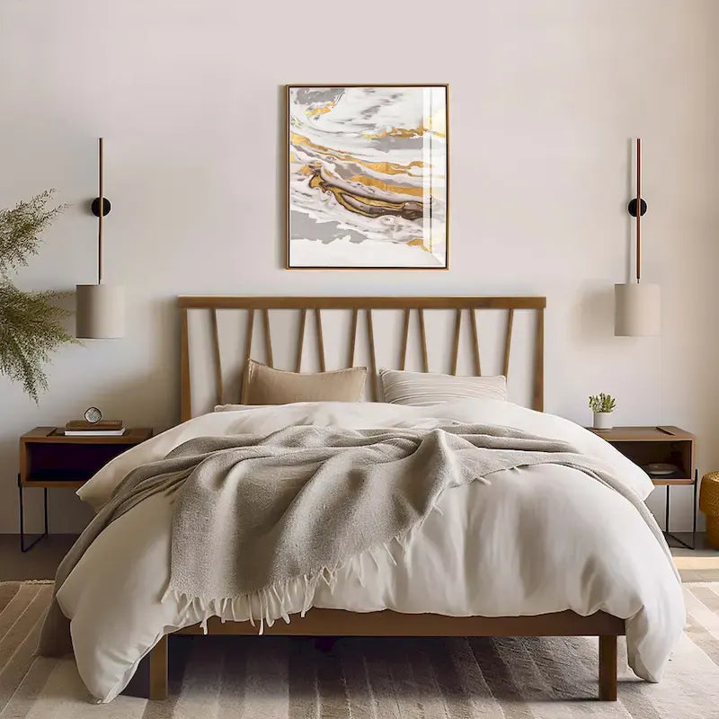 Wood V-Open Panel Headboard and Frame Platform Bed Set, Queen