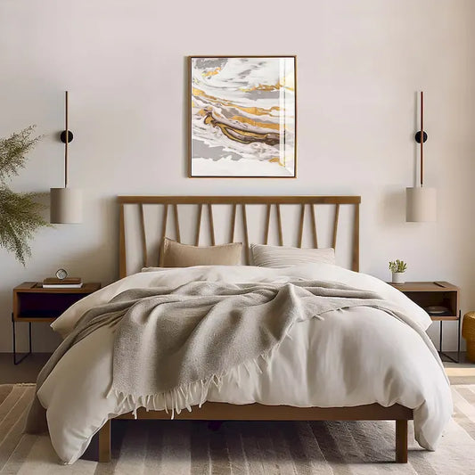 Wood V-Open Panel Headboard and Frame Platform Bed Set, Queen