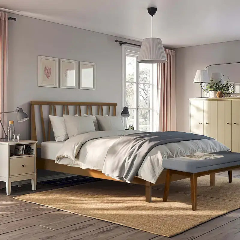 Wood V-Open Panel Headboard and Frame Platform Bed Set, Queen