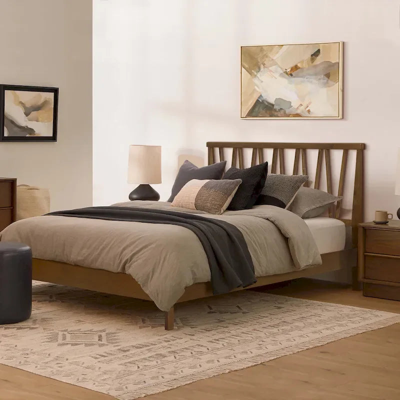 Wood V-Open Panel Headboard and Frame Platform Bed Set, Queen