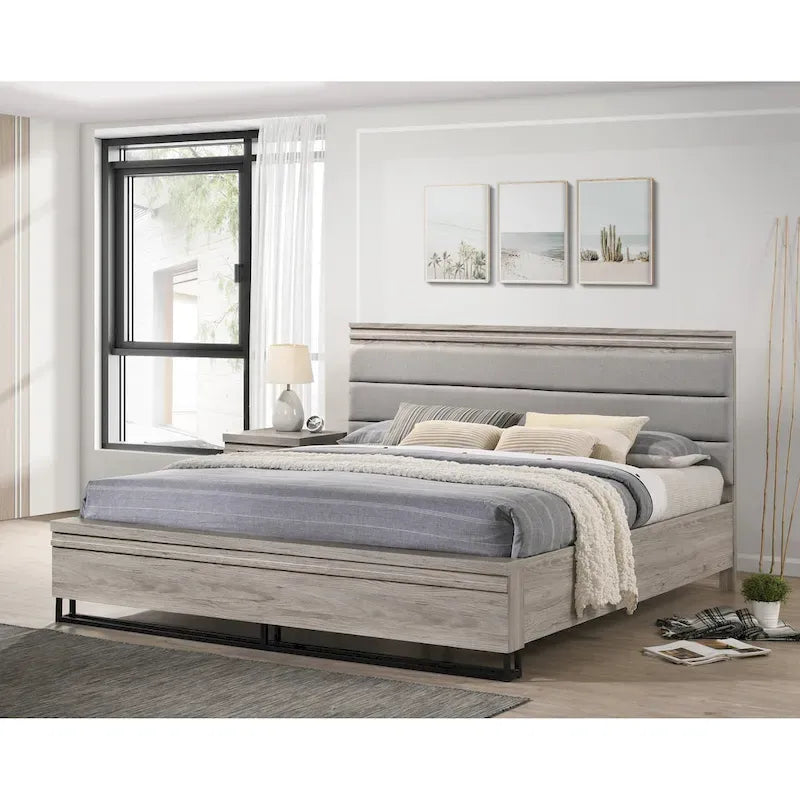 Roundhill Furniture Alvear Upholstered Wood Panel Bed, Dresser, Mirror, and 2 Nightstands, Weathered Gray