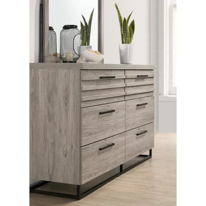 Roundhill Furniture Alvear Upholstered Wood Panel Bed, Dresser, Mirror, and 2 Nightstands, Weathered Gray
