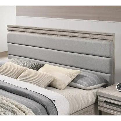 Roundhill Furniture Alvear Upholstered Wood Panel Bed, Dresser, Mirror, and 2 Nightstands, Weathered Gray