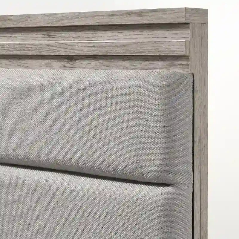 Roundhill Furniture Alvear Upholstered Wood Panel Bed, Dresser, Mirror, and 2 Nightstands, Weathered Gray