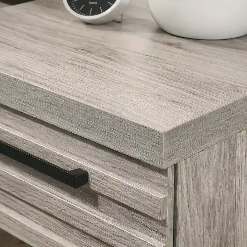 Roundhill Furniture Alvear Upholstered Wood Panel Bed, Dresser, Mirror, and 2 Nightstands, Weathered Gray