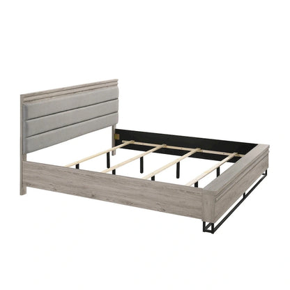 Roundhill Furniture Alvear Upholstered Wood Panel Bed, Dresser, Mirror, and 2 Nightstands, Weathered Gray