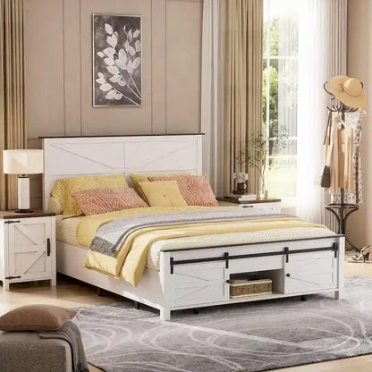 Queen Bed Frame, Farmhouse Wood Bed Frame Queen Size with Sliding Barn Door and Storage