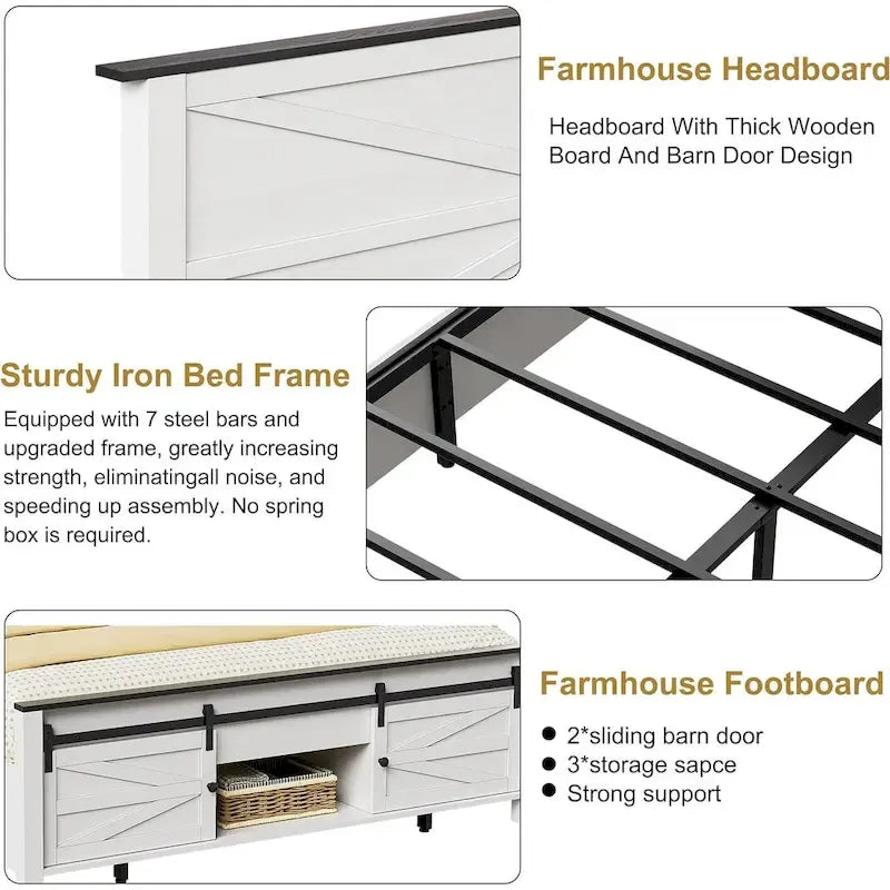 Queen Bed Frame, Farmhouse Wood Bed Frame Queen Size with Sliding Barn Door and Storage