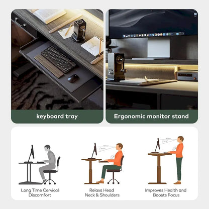 FEZIBO Height Adjustable Electric Standing Desk with Double Drawers&Keyboard Tray, Stand Up Desk with LED Strips