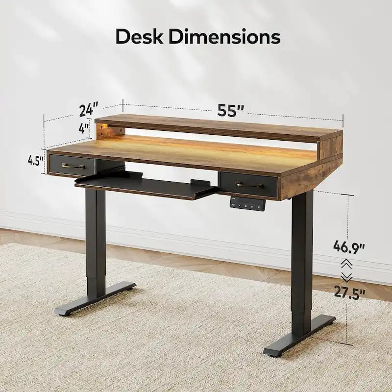 FEZIBO Height Adjustable Electric Standing Desk with Double Drawers&Keyboard Tray, Stand Up Desk with LED Strips