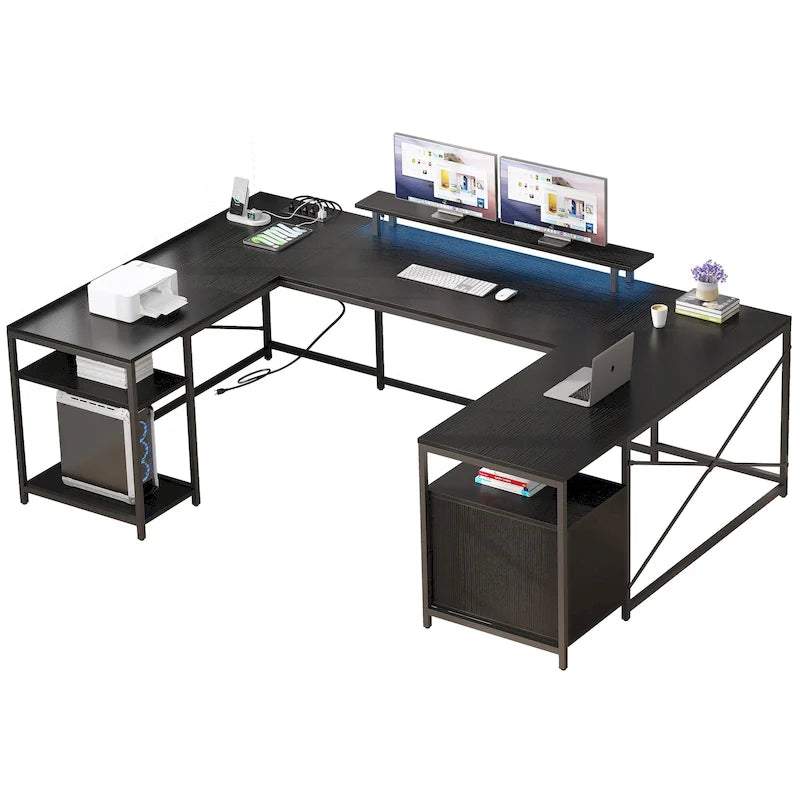 Moasis U-Shaped L-Shaped LED Computer Desk Reversible Corner Home Office Gaming Desk with Power Outlets