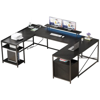 Moasis U-Shaped L-Shaped LED Computer Desk Reversible Corner Home Office Gaming Desk with Power Outlets