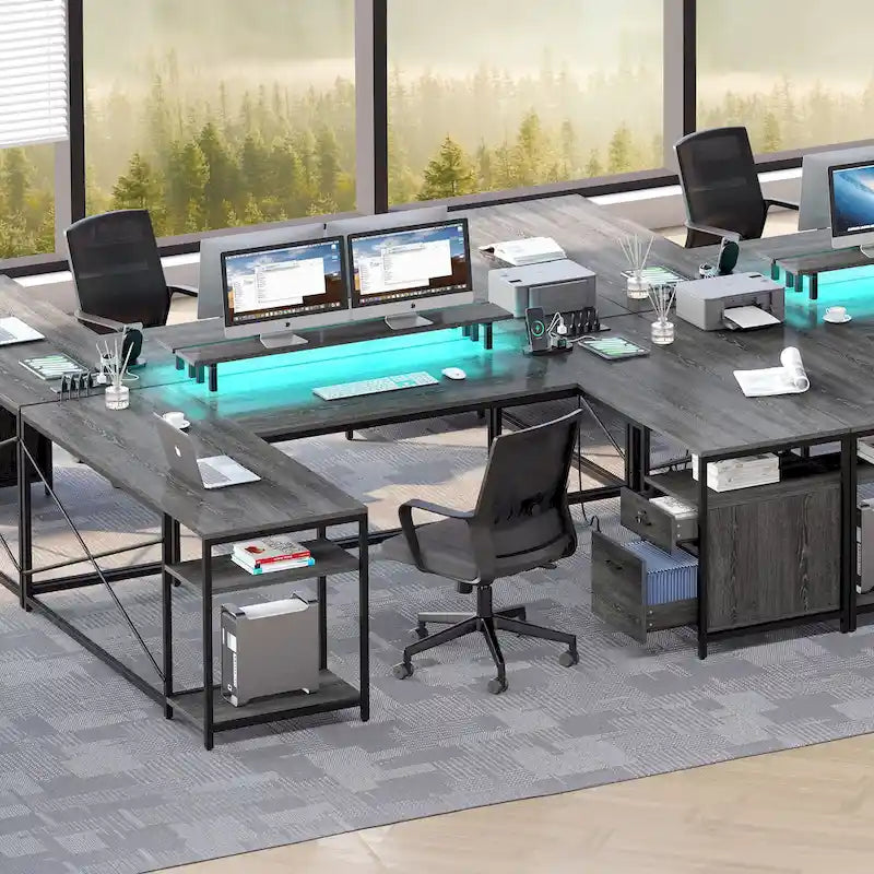 Moasis U-Shaped L-Shaped LED Computer Desk Reversible Corner Home Office Gaming Desk with Power Outlets