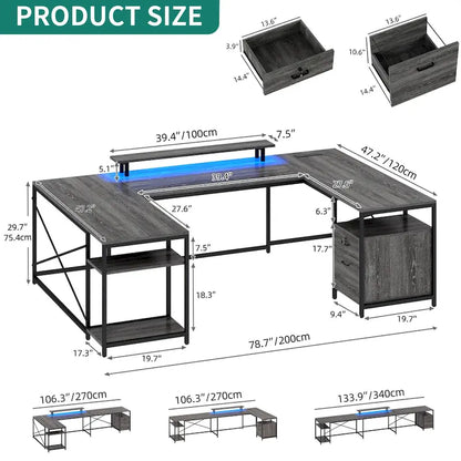 Moasis U-Shaped L-Shaped LED Computer Desk Reversible Corner Home Office Gaming Desk with Power Outlets