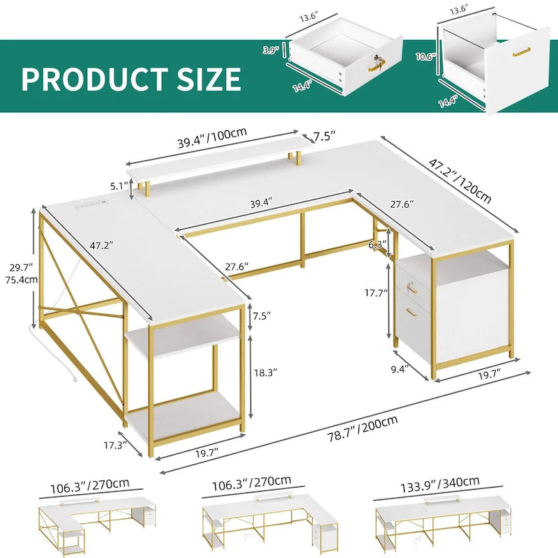 Moasis U-Shaped L-Shaped LED Computer Desk Reversible Corner Home Office Gaming Desk with Power Outlets