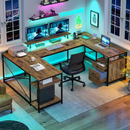 Moasis U-Shaped L-Shaped LED Computer Desk Reversible Corner Home Office Gaming Desk with Power Outlets