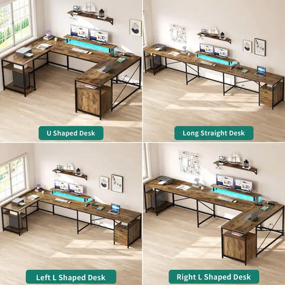 Moasis U-Shaped L-Shaped LED Computer Desk Reversible Corner Home Office Gaming Desk with Power Outlets