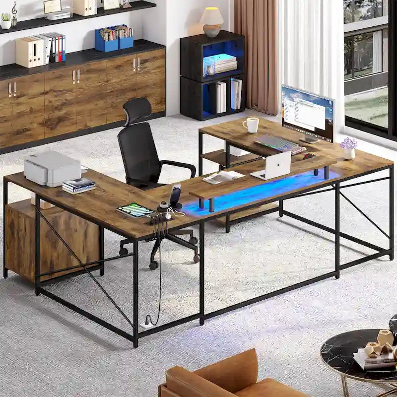 Moasis U-Shaped L-Shaped LED Computer Desk Reversible Corner Home Office Gaming Desk with Power Outlets