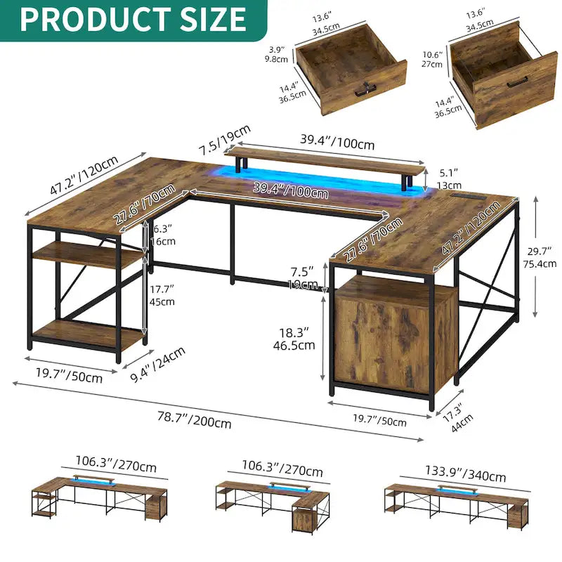 Moasis U-Shaped L-Shaped LED Computer Desk Reversible Corner Home Office Gaming Desk with Power Outlets