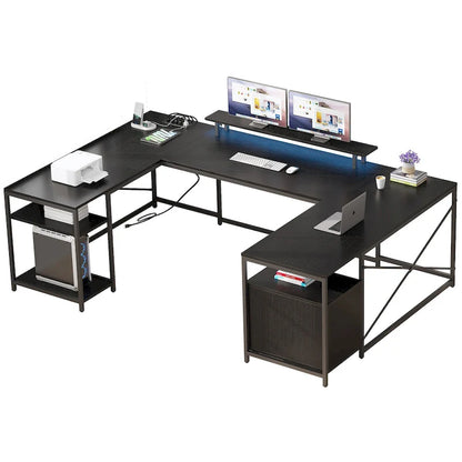 Moasis U-Shaped L-Shaped LED Computer Desk Reversible Corner Home Office Gaming Desk with Power Outlets